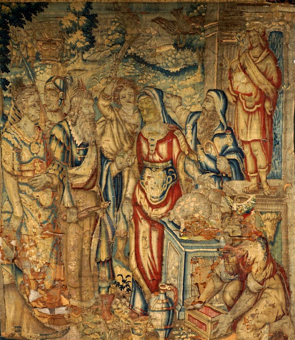 18th Century Flemish Tapestry: In unfortunate condition, scene of the three kings bringing gifts to Mary, 97" x 88". Condition: Tears and loss, sold AS-IS.