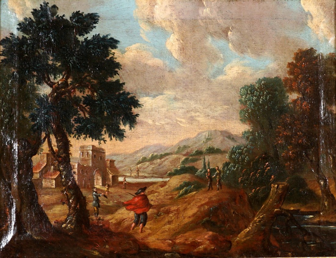 After Egbert Van Der Poel Landcape Painting: After POEL, Egbert Van Der, (Dutch, 1621-1664), possibly COLONIA, Adam, (Dutch, 1634-1685): Continental landscape with figures and buildings, Oil/Canvas, no visible signature, plaque on frame reads "E