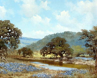 William Slaughter 1973 Texas Bluebonnet Landscape: SLAUGHTER, William A., (American, 1923-2003): Pastoral landscape with bluebonnet flowers and trees by a river with mountains in the background, Oil/Canvas, signed and dated '73 lower left, 16" x 20",