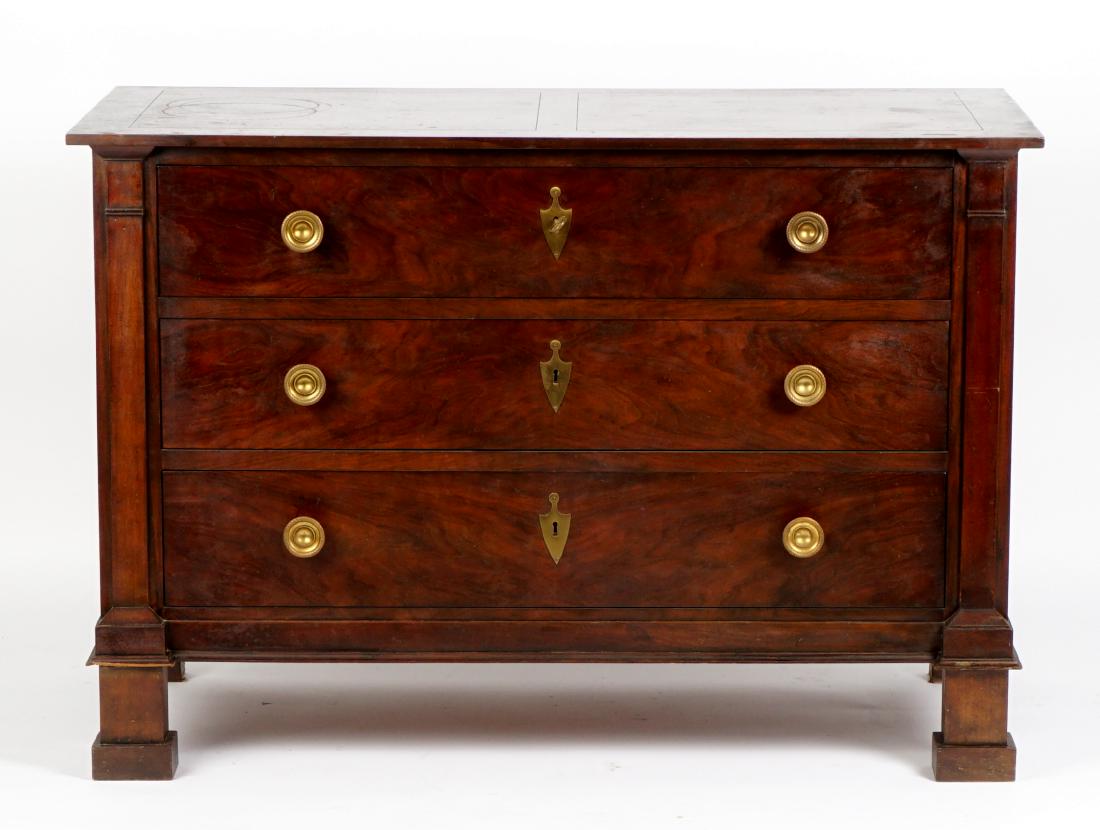 Baker Mahogany Three Drawer Chest: Mahogany and kingwood parquetry inlaid serpentine top over 3 drawers, cast ormolu pulls, bombe case with additional parquetry inlay, splayed legs, measures 31" h. x 45" x 28". Condition: Veneer chips,