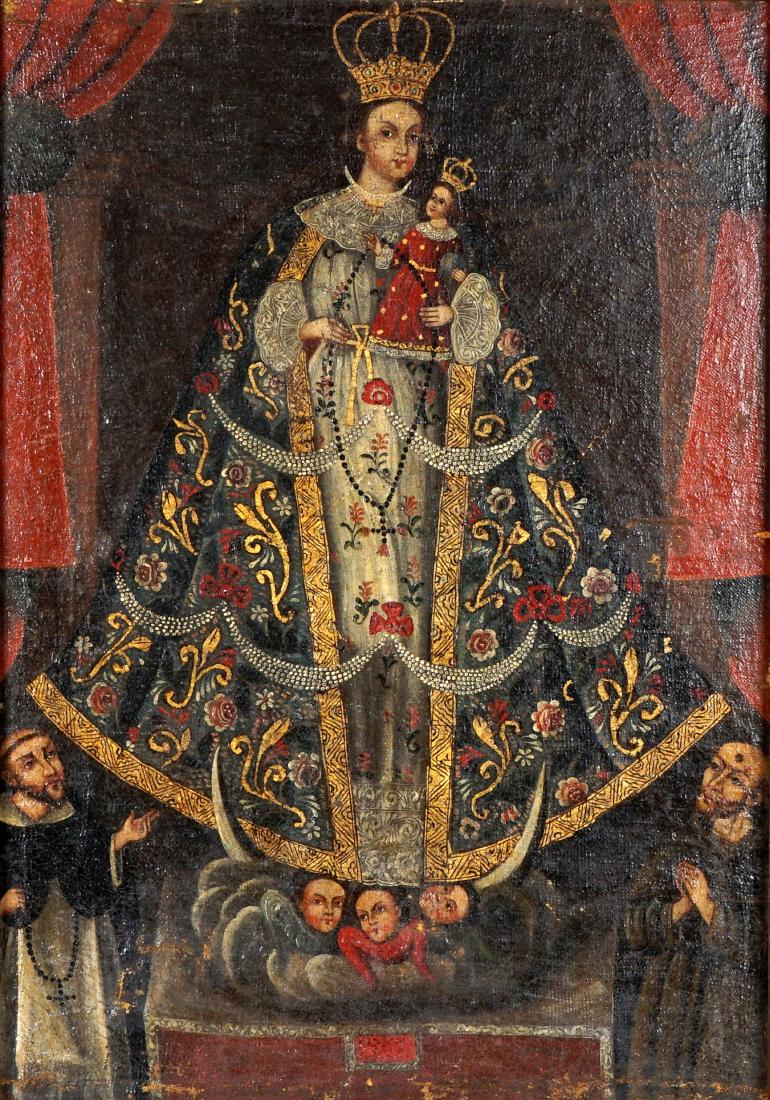 18th/19th C. Cuzco School Madonna & Child Painting: 18th / 19th Century Peruvian Cuzco School depiction of the Madonna holding the Christ child in flowing robes, above figural angel heads and priest standing either side. Oil/Canvas laid on Masonite, 31