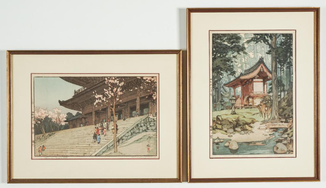 Two Hiroshi Yoshida Temple Woodblock Prints: YOSHIDA, Hiroshi, (Japanese, 1876-1950): 2 framed woodblock prints, both pencil signed and titled lower margin, to include 1) "Chion in Temple Gate", sight size 10.25" x 15.25", framed 16" x 21". 2) "