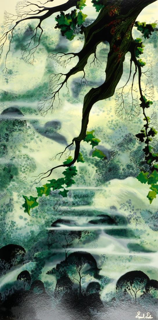 Eyvind Earle Fog Bound Serigraph: EARLE, Eyvind, (American, 1916-2000): "Fog Bound", Serigraph /Paper, embossed signature lower right, numbered 18/200, foil Eyvind Earle Publishing sticker, 53.5" x 23.5". Condition: Corner bruises.