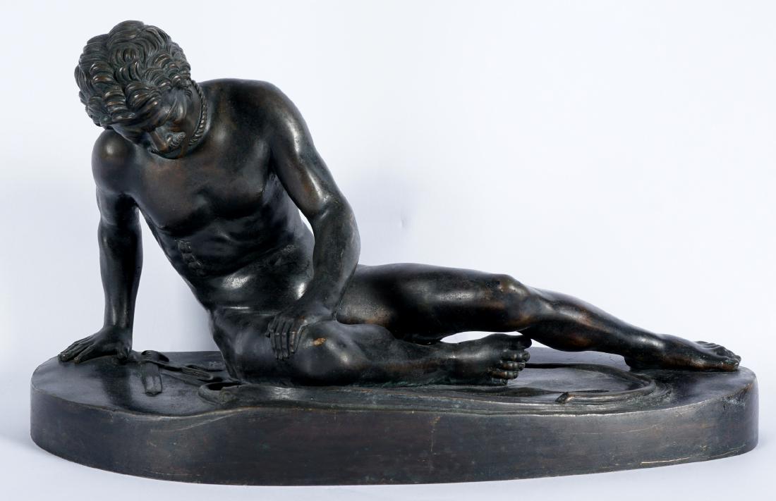 After Barbedienne Sterbender Gallier Bronze Figure: After BARBEDIENNE, Ferdinand, (French, 1810-1892): "Sterbender Gallier" or "They Dying Gaul", bronze figure of a defeated man with sword and horn, no visible signature or mark, overall 6.5" h. x 12" x