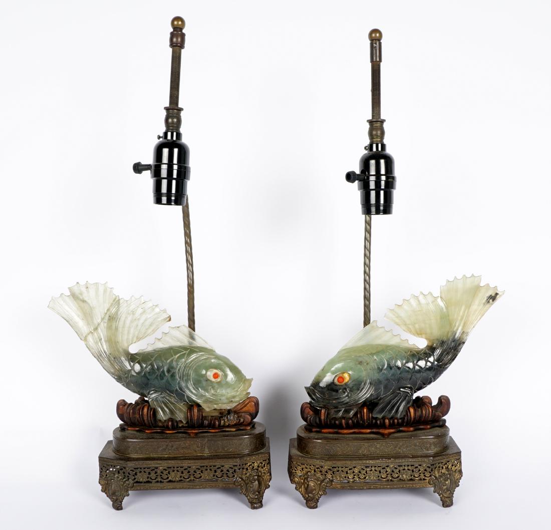 Pair Chinese Jade Koi Fish Lamps