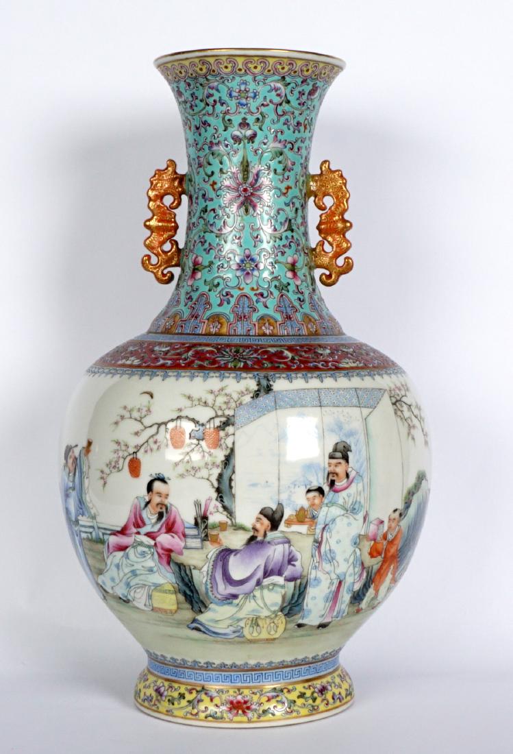 Chinese Famille Rose Vase: Baluster form, flared rim, floral decorated neck with applied handles, outdoor genre scene of scholars and attendants, bearing a spurious Qianlong mark. Measures 13.5 "h. x 7.5". Condition: Repair to