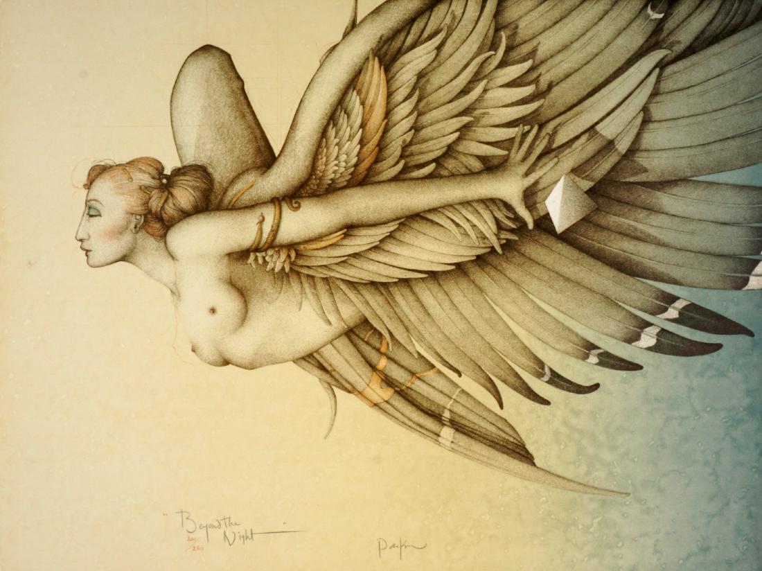 Michael Parkes Beyond the Night Lithograph: PARKES, Michael, (American, 20th Century): "Beyond the Night", Lithograph/Paper, penciled signed lower middle, Zerkall blind stamp, 200/250, 21.5" x 27.75". Condition: Spot of soiling to the left of t