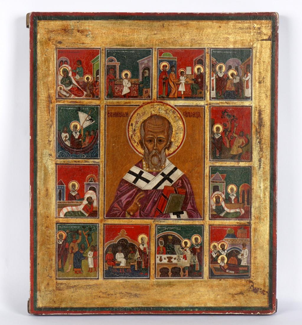 19th Century St. Nicholas Russian Icon: Center figure of St. Nicholas bordered by 12 life scene vignettes, Oil/Wood Panel, 14.25" x 11.5".