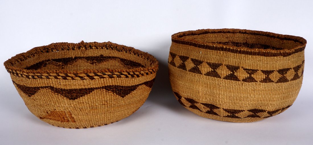Two Northwest Makah? Woven Baskets: Two bowl form baskets, each with geometric designs, Pacific Northwest region, possibly Makah. Larger measures 5" h. x 8.5". Condition: Wear consistent with age and use.