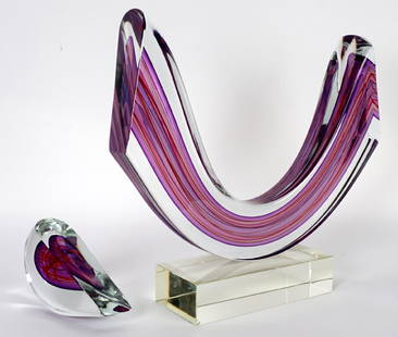 Harvey Littleton Purple Red Arc Glass Sculpture: LITTLETON, Harvey K., (American, 1922-2013): 3 piece glass sculpture from the noted pioneer in the studio glass arts and teacher of Marvin Lipofsky and Dale Chihuly. Arc section and smaller piece clea