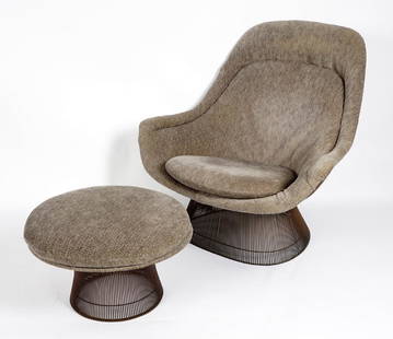 Warren Platner Bronze Lounge Chair and Ottoman: Designed by Warren Platner for Knoll, original chair and ottoman with bronze finish steel rods, grey cloth upholstery. Chair measures approx. 39.25" h. x 40.5" x 35" , ottoman 15" h. x 24". Condition: