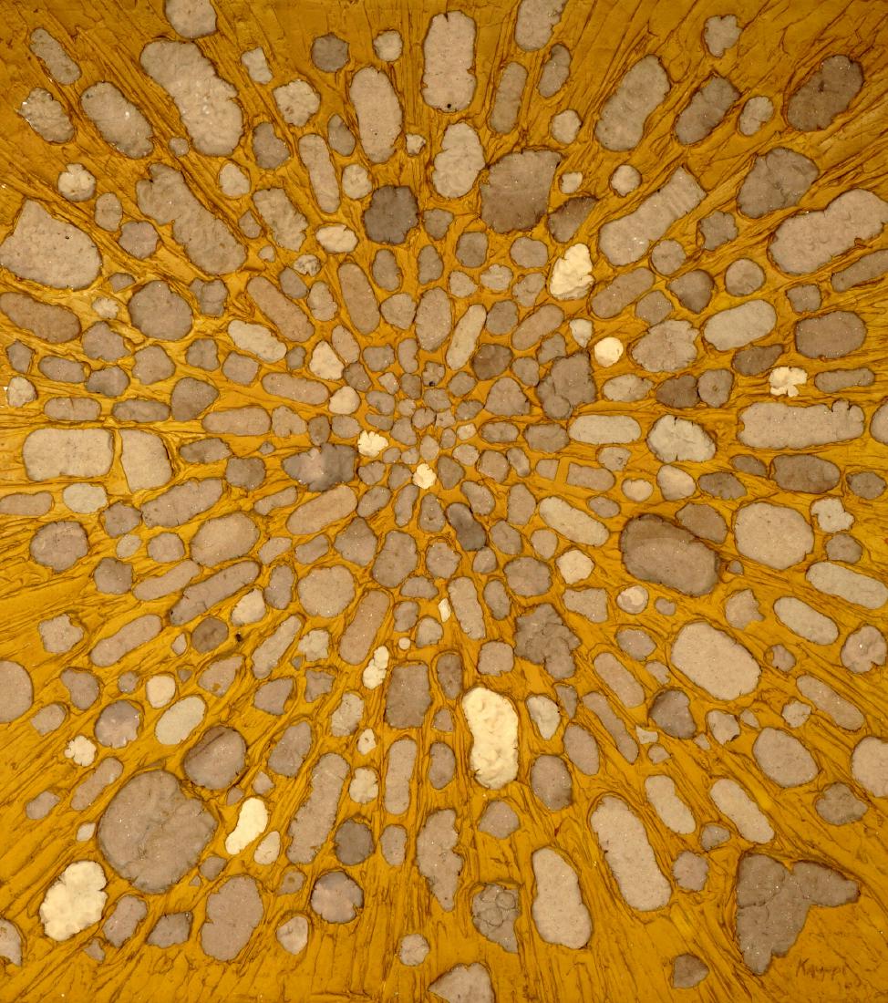 1969 Sten Kauppi Mixed Media Abstract Wall Art: KAUPPI, Sten, (Swedish, 1922-2002): Abstract pottery medallions in a star burst pattern radiating from center, mustard yellow composite ground, Mixed Media/Wood Panel, incised signature lower right, d