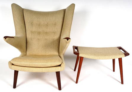 Hans Wegner Teak Papa Bear Chair and Ottoman: Hans Wegner for AP Stolen "Papa Bear" chair and ottoman, tan handholds and handles to ottoman, cream / ivory tufted upholstery. Marked under seat and on ottoman, sold with original cloth materials tag