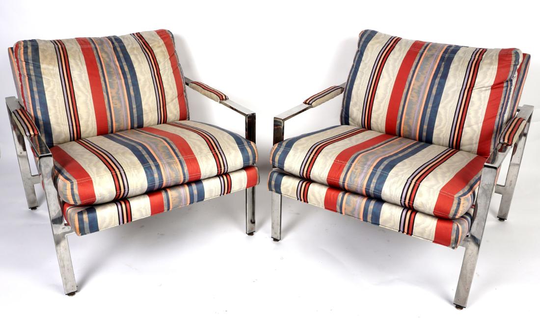 Pair Milo Baughman for Thayer Coggin Arm Chairs: Model 1937 chrome flat bar frame arm chairs designed by Mio Baughman for Thayer Coggin, one with original tag under seat. Striped upholstery, each measures 28.5" h. x 28.5" x 30.5". Condition: Scratch