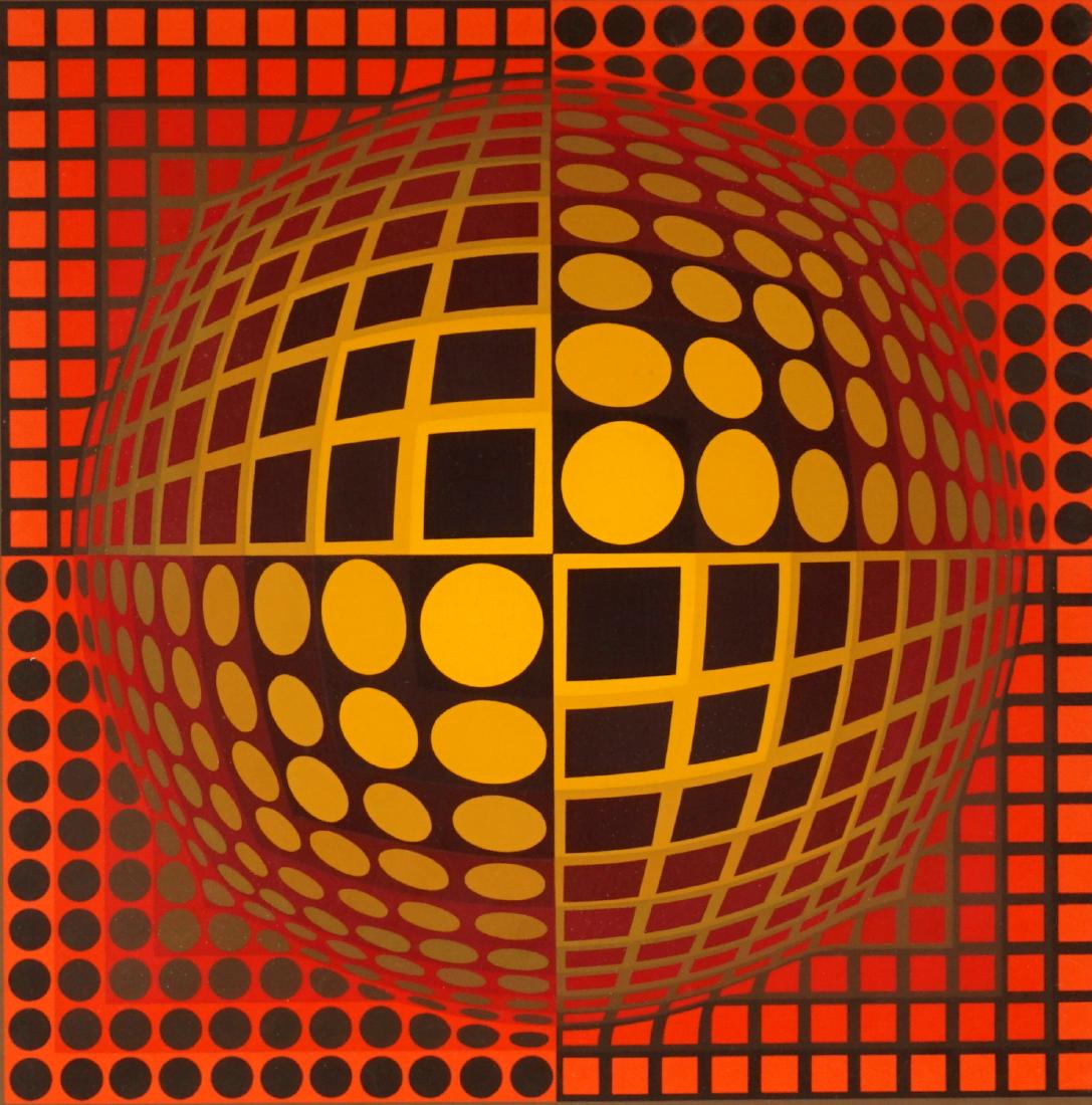 Victor Vasarely Op-Art Composition Serigraph: VASARELY, Victor, (French-Hungarian, 1906-1997): Op-Art composition with reds, gold, and black design, Serigraph/Paper, pencil signed lower right, numbered 157/200 lower left, sight size 14" x 14", fr
