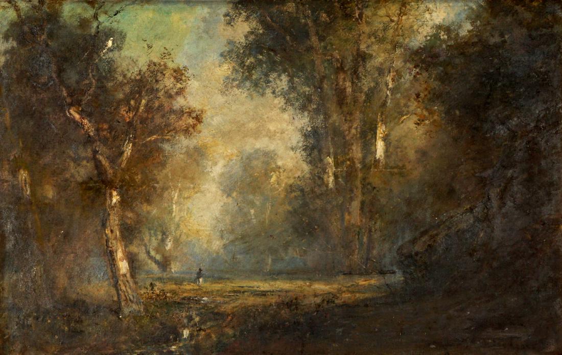 Attrib. Douglas Arthur Teed Tonalist Landscape: Attributed TEED. Douglas Arthur, (American, 1861-1929): Tonalist forest landscape with figure in clearing, Oil/Canvas, Signed lower right with only Douglas and traces of second name visible, 24" x 37"