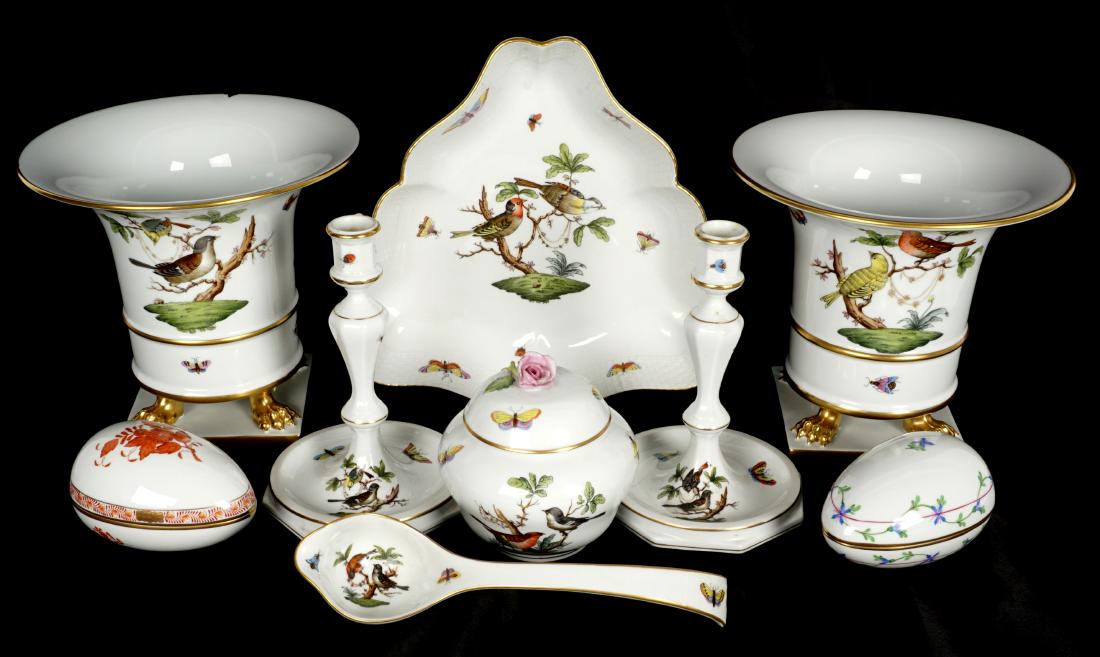 9 Piece Herend Rothschild China Pieces: An assembled collection of 9 pieces total in the Rothschild and other patterns to include triangular vegetable, 2 cache pots (one with chip and crack), covered sugar (chip to rose finial), pair candle