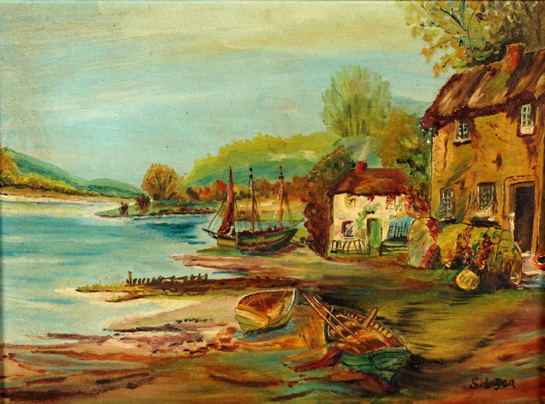 Taiwanese Coastal Town painting signed S. L. Yen: Southeast Asia coastal town scene with boats and buildings signed S. L. Yen (possibly Shui Lung (Long) Yen, (1903-1997)) lower right, Oil/Canvas, traces of writing in characters verso, 12" x 16", fram