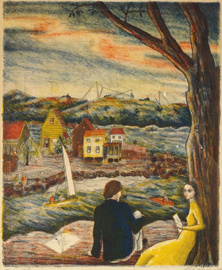 Stella Drabkin Rockport Evening Lithograph: DRABKIN, Stella, (American, 1906-1976): "Rockport Evening", Lithograph/Paper, signed lower right and dated 1949, titled lower left, sight size 12.5" x 10.5", framed 22" x 19".