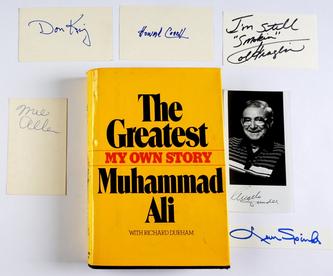 Muhammad Ali Signed Book Clay and Ali: Collection of boxing related autographs to include "The Greatest, My Own Story" book, signed by Ali dated Sept. 28-77 and also signed Cassius M. Clay, also signed by Odessa Clay, and Jimmy Glenn?. Oth
