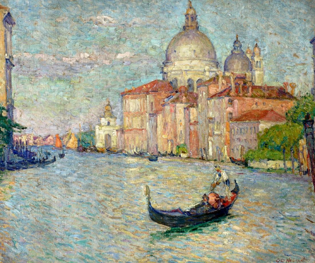 George Nelson Impressionist Venice Canal Painting: NELSON, George Laurence, (American, 1887-1976): "The Grand Canal, Venice", Oil/Canvas, signed lower right, R. H. Love Gallery label verso, 20" x 24", framed 31" x 35". Sold with 1984 appraisal from R.