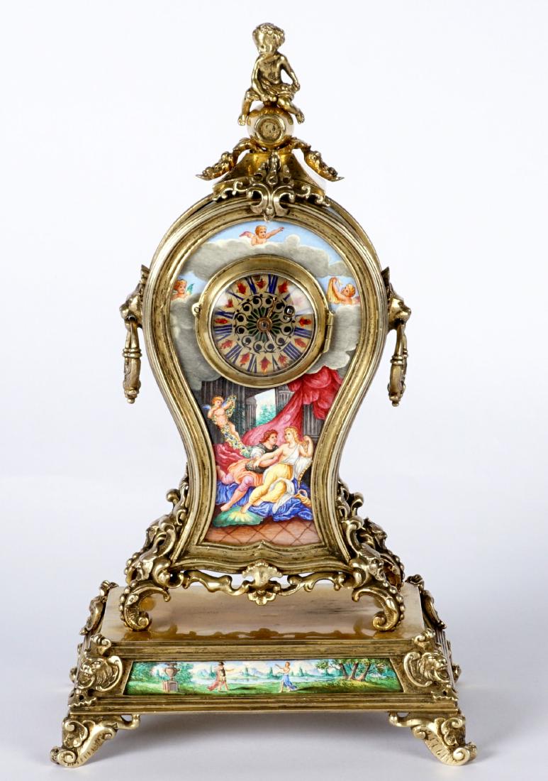 Karl Bender Viennese Miniature Enamel Clock: Marked Austrian Vienna 750 silver and maker Karl Bender hallmarks, finial with putti sitting on wine barrel, balloon form body with enameled neoclassical genre scenes, base with matching panels on fou