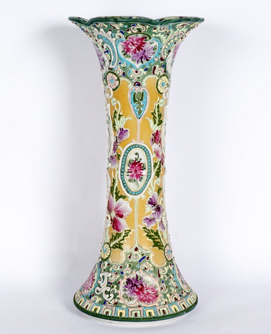 Large Moriage Floral Motif Vase: Flared scalloped rim, mustard yellow ground, raised floral designs, with peonies in reserves, flared base, 16.75" x 7.75" dia