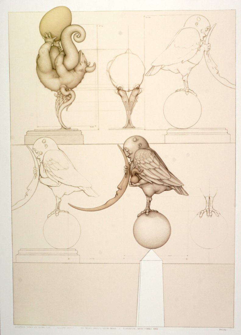 Rare Michael Parkes Sketch of Sculpture Lithograph: PARKES, Michael, (American, 20th Century): Sketch of measurements and notes for the sculptures "The Beginning" and "Moonbird", Lithograph/Paper, unsigned, 41.25" x 29.25". We can only find one other e