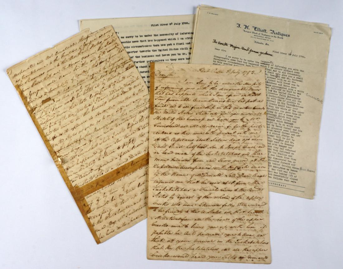 Important 1793 Georgia Creek Indians Letter: Letter dated 3rd July, 1793 from Flint River, this seven page letter recounts the killing of a David Cornel, one of the chiefs of the Tuckebatchees arriving to meet Timothy Barnard, and then going to