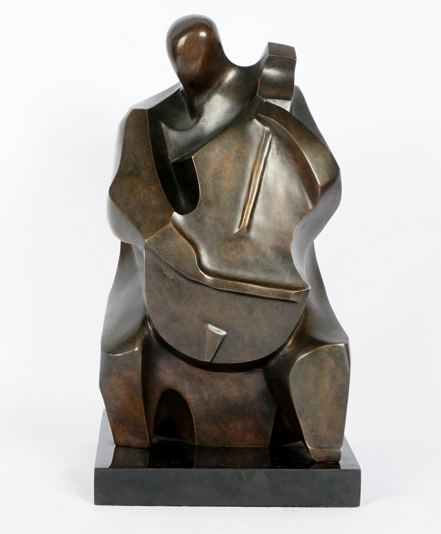 Irving Amen Musician Bronze Sculpture: AMEN, Irving, (American, 1918-2011): Abstract figure of a cellist, signed, Bedi-Makky Foundry mark, affixed to composite base. Overall 13" h. x 7" x 7".