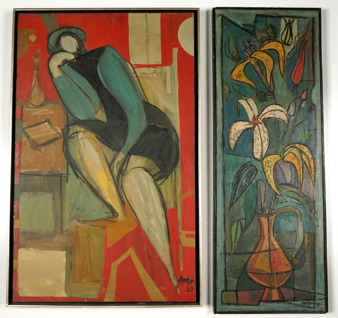 Two Irving Amen Paintings Portrait and Flowers: AMEN, Irving, (American, 1918-2011): Two pieces total to include 1) Abstract portrait of a seated woman, Oil/Canvas, signed lower right, dated '63, 32" x 20", framed 33.25" h. x 21.25". Condition: Scr