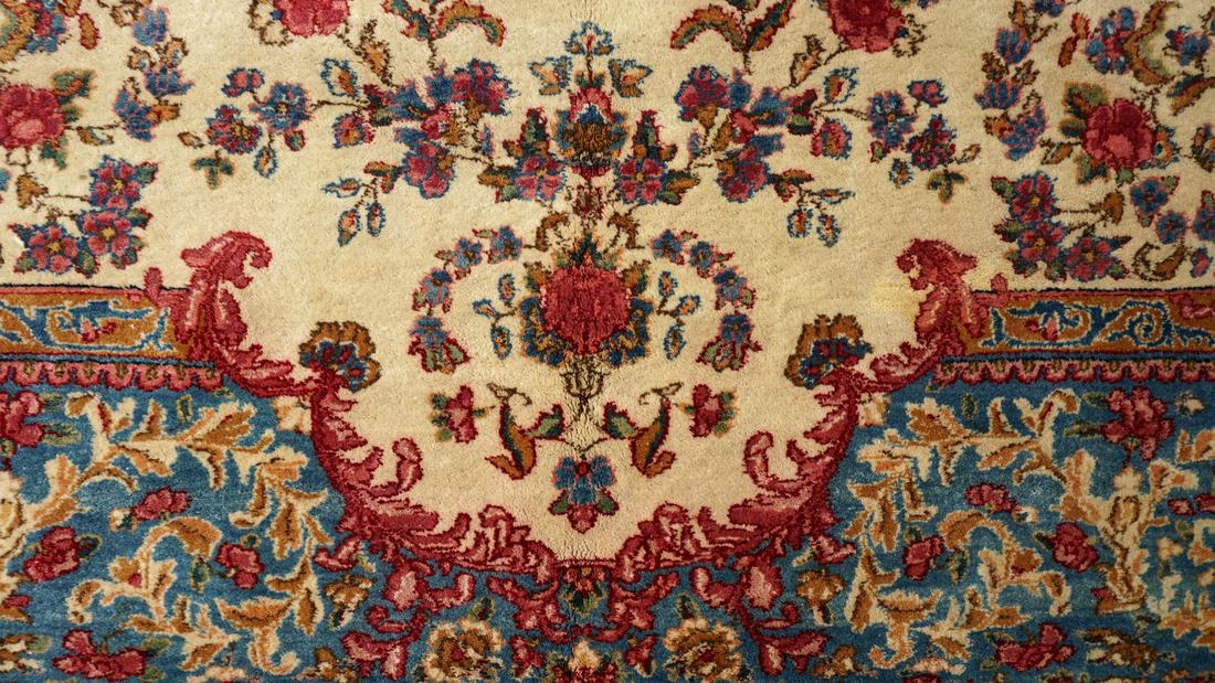 Palatial Semi Antique HK Kashan Rug 12' x 16'2": Ivory ground, center floral medallion surrounded by floral motifs, wide outer border with urn and jardiniere repeating design, inner turquoise blue foliate scroll border, overall 12' x 16' 2". Conditi