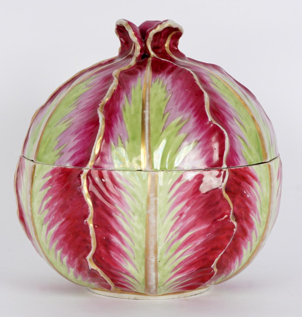 Meissen Marcolini Period Cabbage Covered Bowl: Hand painted covered dish or bowl in the form of a cabbage, floral sprays interior, 6" h. x 5.75" dia. Condition: Multiple chips, loss of interior decoration.