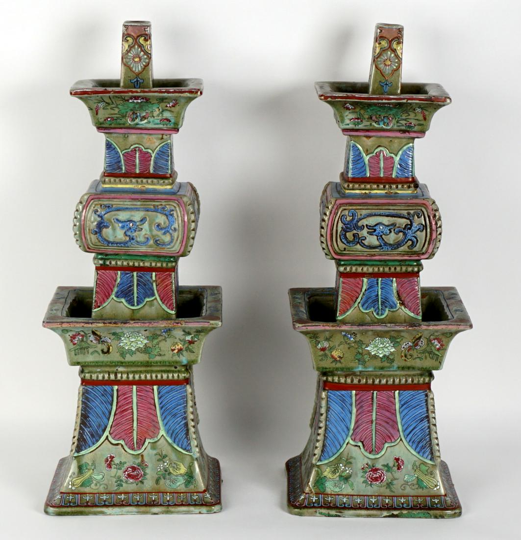 Impressive Pr Tongzhi Marked Chinese Candlesticks: Pair polychrome decorated porcelain tall candlesticks, Tongzhi period, celadon green ground, decorated with birds, butterflies, insects, and flowers, incised figural dragons, marked in two panels at t