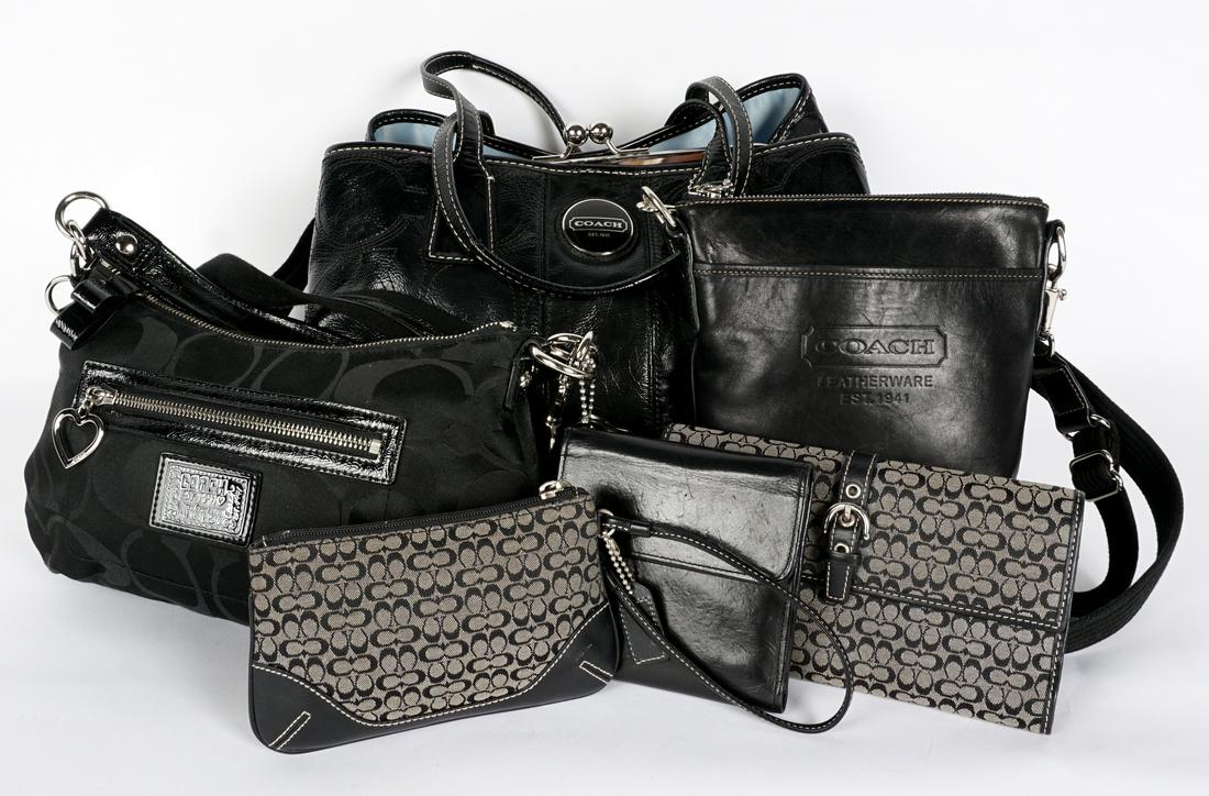 Six Piece Coach Purses and Accessories: Six pieces total from Coach to include 1) Leather handbag with kiss lock interior, 9" h. x 14" x 7". 2) Nylon shoulder bag,. 3) Leather cross body bag. 4) Canvas wallet. 5) Canvas wristlet, 6) Leather