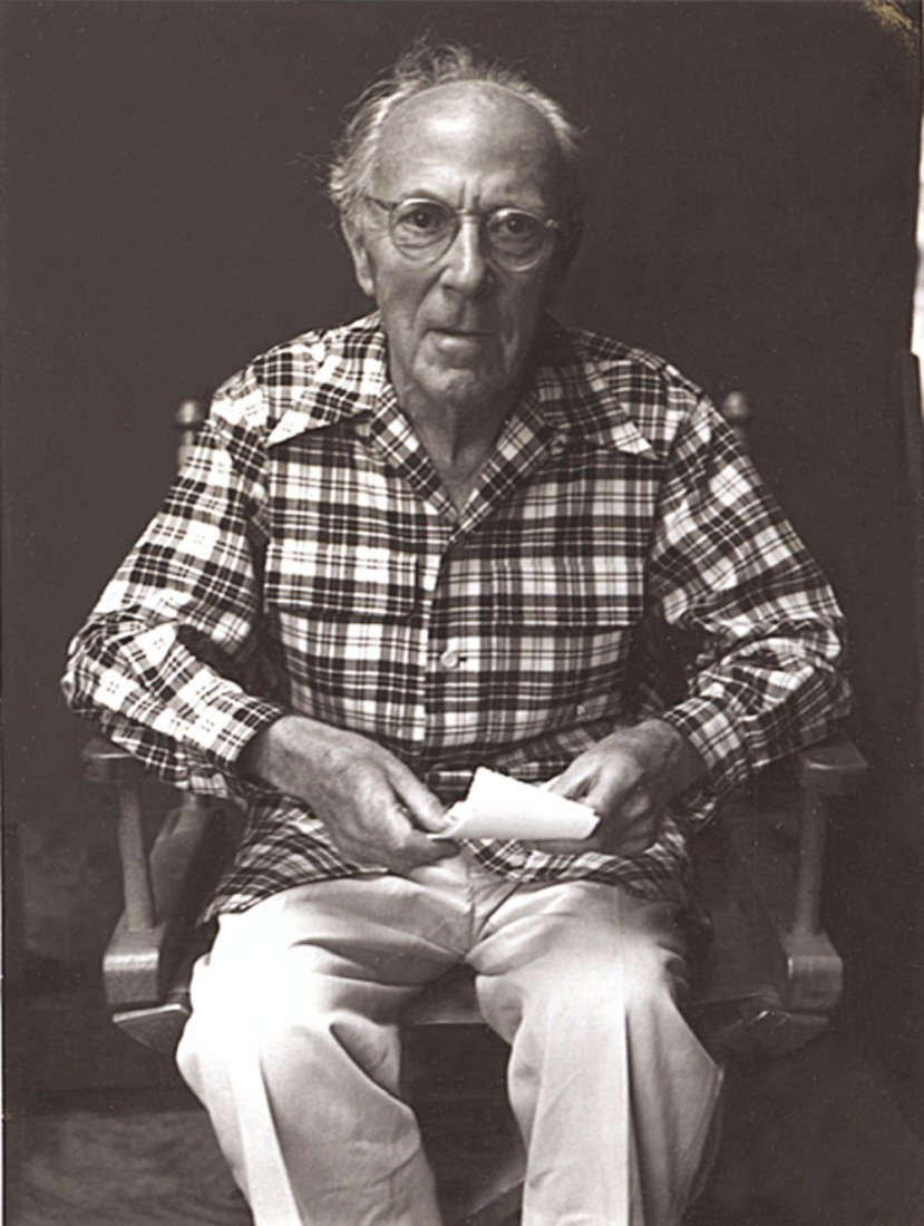 Original 1954 Ansel Adams Polaroid of Edward Weston: ADAMS, Ansel, (American, 1902-1984): Edward Weston seated with a Polaroid Land print in his hands, Carmel,, Ca., 1954. Original type 44 Polaroid Land photograph (4.25" x 3.25", image size 3.75" x 2.75