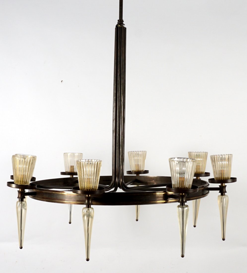 8 Light Murano Style Glass Shade Chandelier: Brass tube support, mixed metal ring with 8 light. Murano style fluted aventurine glass shades, fluted bottom drops, overall approx. 47\" h. x 42\". Originally purchased for $18,000 in Chicago. Condit