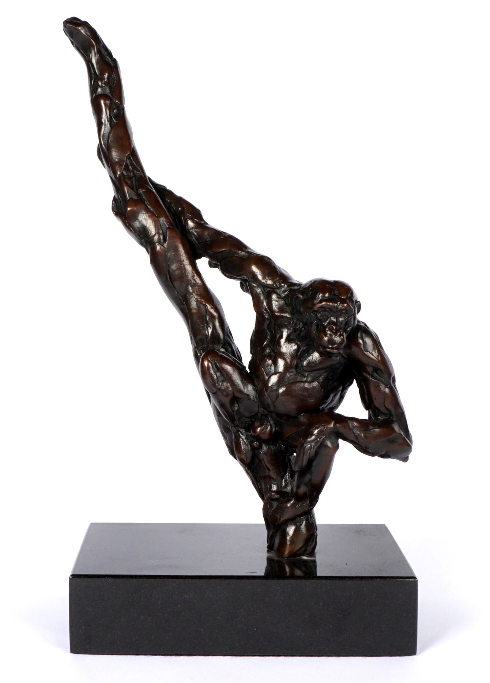 Bart Walter Kibale Chimp II Bronze: WALTER, Bart, (American, 1958-): "Kibale Chimp II", figure of a chimpanzee in a tree, Bronze, signed on back, from an edition of 6, affixed to stone plinth, 16.5" h. x 8.5" x 6.5".