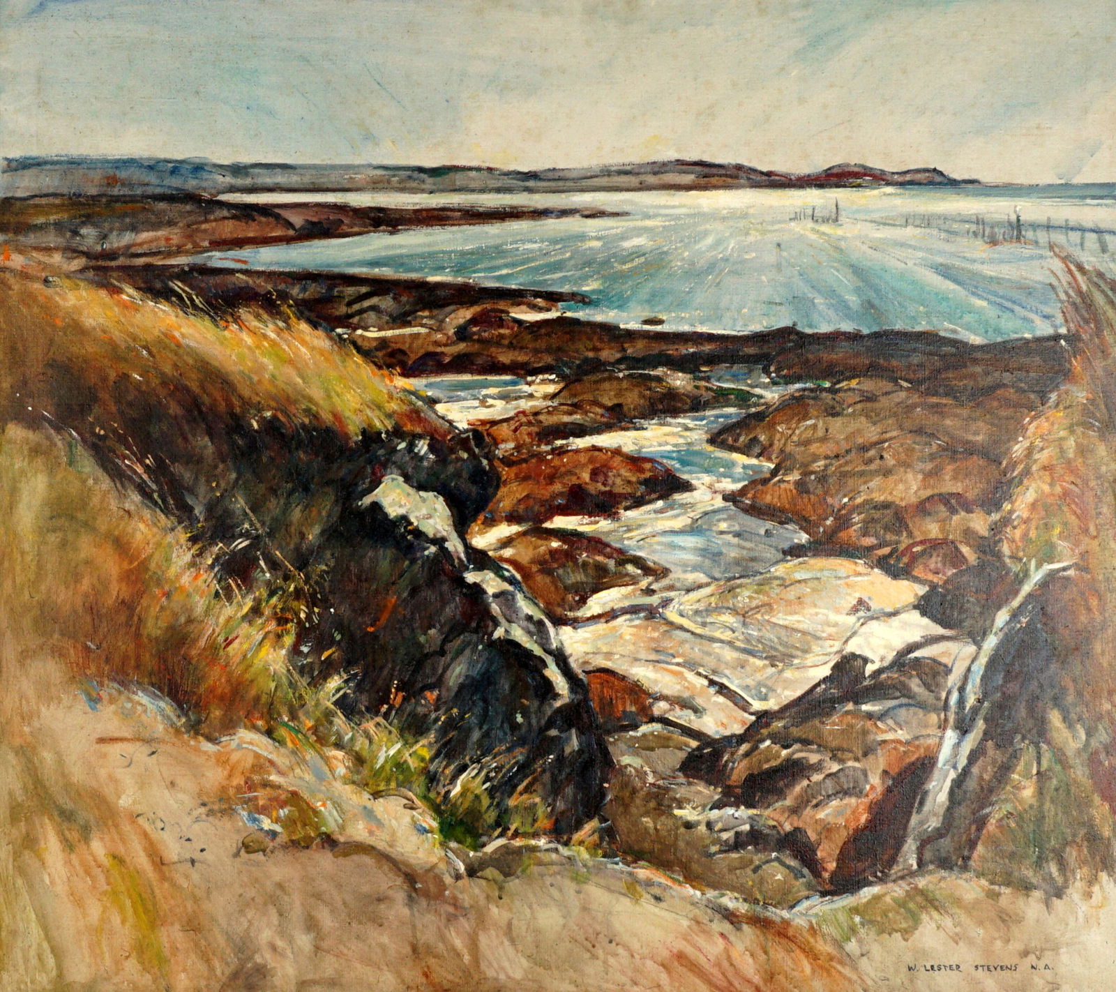 Exhibited W. Lester Stevens Henderson Point Mass.: STEVENS, William Lester, (American, 1888-1969): "Henderson Point" rocky Massachusetts coastline, Oil/Canvas, signed lower right, Cornell University and Child's Gallery, Boston labels verso, 34" x 38",