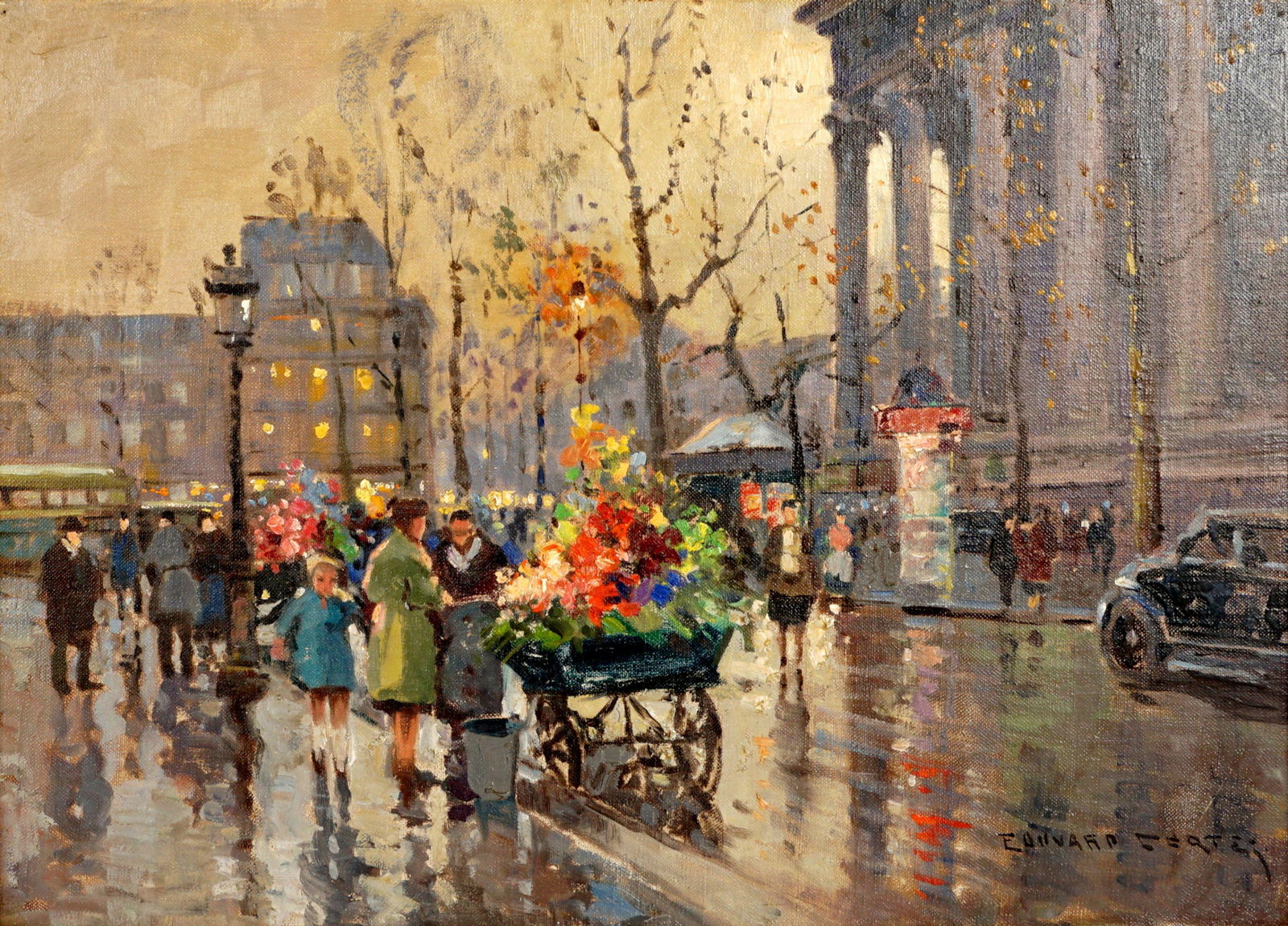 Edouard Cortes Place de la Madeleine Painting: Cortes, Edouard, (French, 1882-1969): Parisian street scene of the Place de la Madeleine with flower sellers and figures, Oil/Canvas, signed lower right, 13" x 18", Husar stamped frame, 20.5" x 25.5".