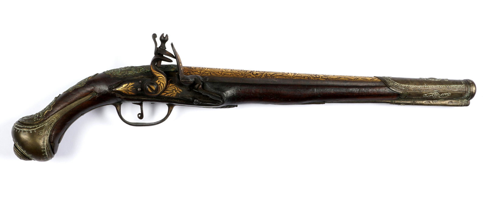 Turkish 16 Bore Flintlock Pistol: 19th Century, 16 bore unmarked 12.75" round barrel with ornate gold decoration, embossed metal tip. Unmarked lock plate, embossed metal accents, full wood stock, overall 19.75". Condition: Action curr