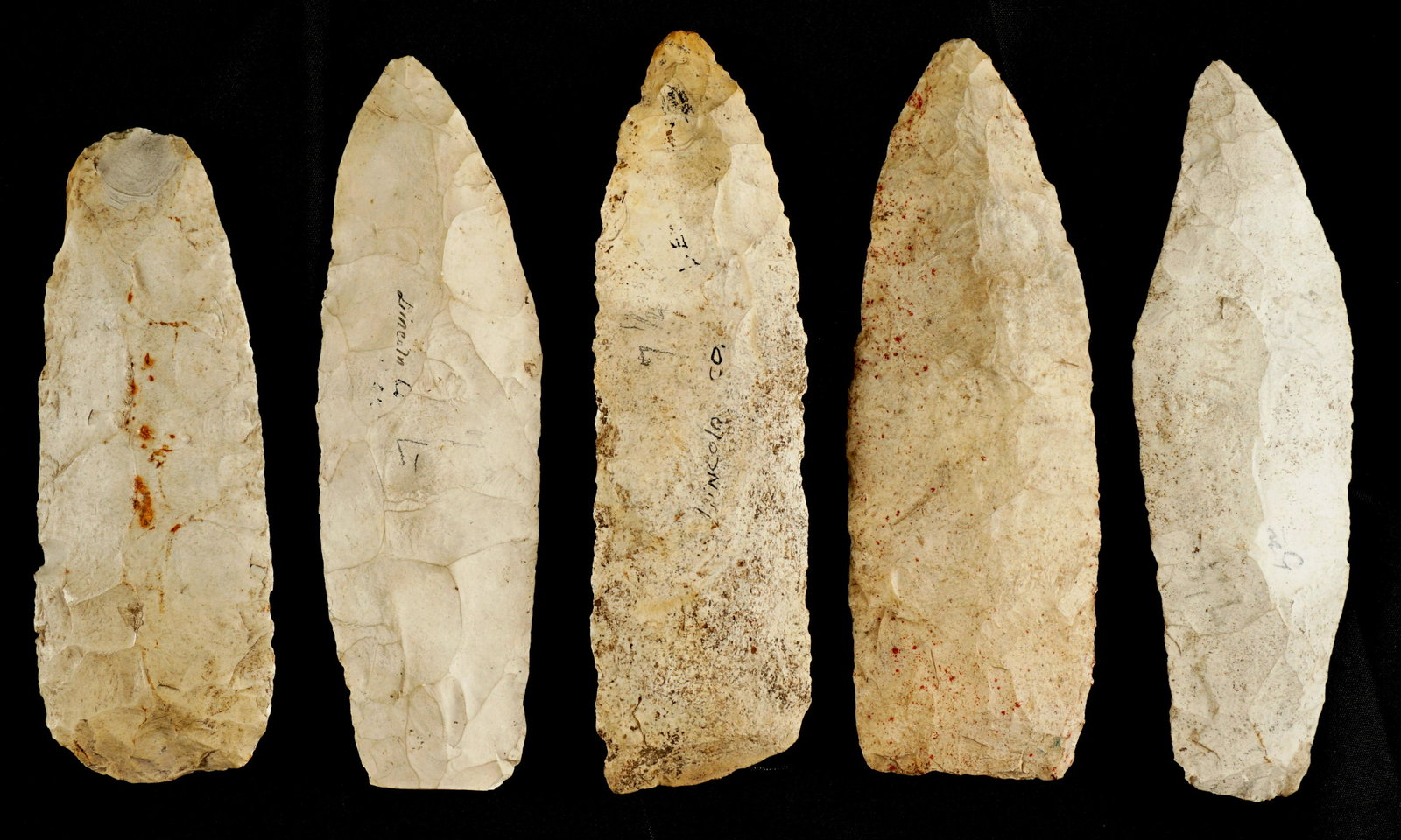 Five Lincoln Co. Kentucky Archaic Knives: Collection of five Archaic Period knives, two marked Lincoln Co., four 7" long, shortest 6". From a prominent private Kentucky collection.