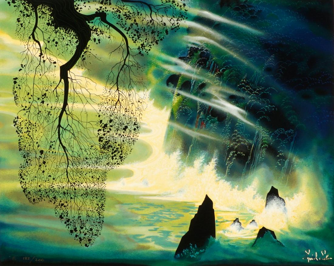 Eyvind Earle Swirl of Fog Serigraph 182/200: EARLE, Eyvind, (American, 1916-2000): "Swirl of Fog", Serigraph/Paper, signed in the plate lower right, numbered 182/200, Eyvind Earle Publishing edition, image size 16" x 20", overall 21.75" x 25.5".