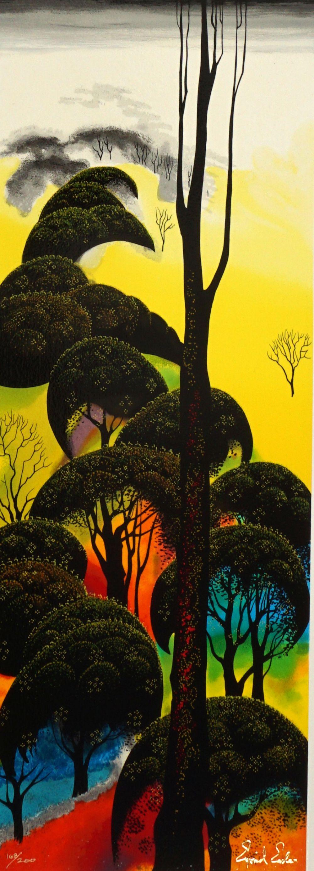 Eyvind Earle Climbing Oaks Serigraph 168/200: EARLE, Eyvind, (American, 1916-2000): "Climbing Oaks", Serigraph/Paper, signed in the plate lower right, numbered 168/200, Eyvind Earle Publishing Edition, image size 24" x 9", overall 39" x 14". Cond
