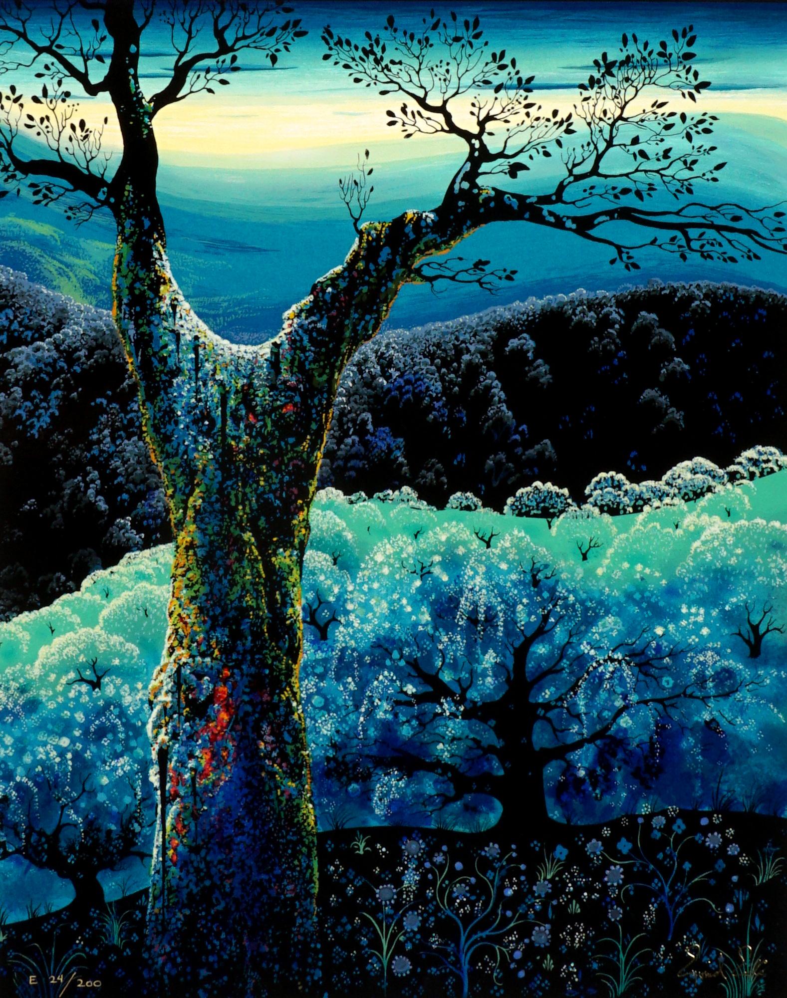 Eyvind Earle Orchid in Bloom Serigraph 24/200: EARLE, Eyvind, (American, 1916-2000): "Orchid in Bloom", Serigraph/Paper, signed in the plate lower right, numbered 24/200, Eyvind Earle Publishing edition, image size 20" 16", overall 26" x 21". Cond