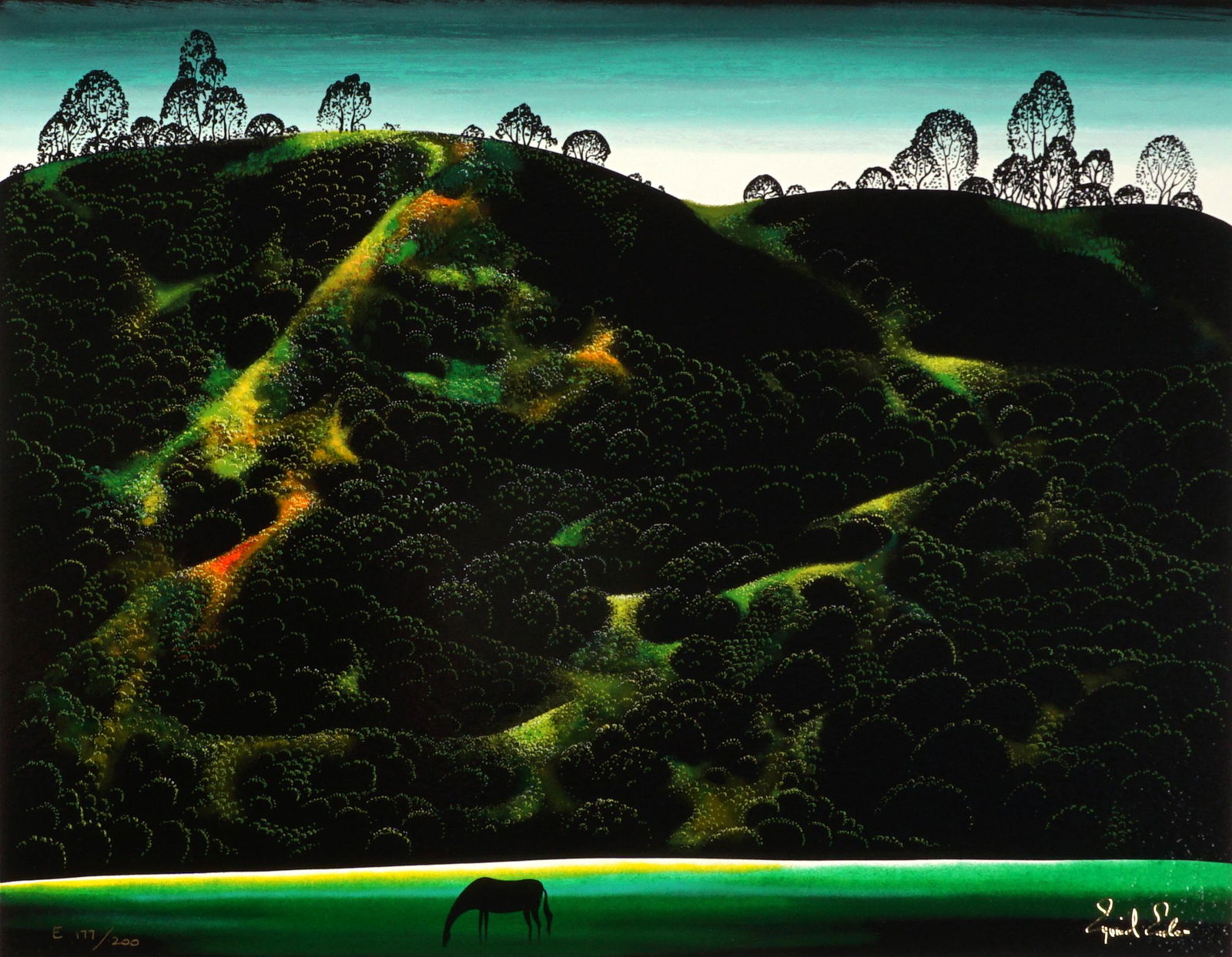 Eyvind Earle Solitude Serigraph 177/200: EARLE, Eyvind, (American, 1916-2000): "Solitude", Serigraph/Paper, signed in the plate lower right, numbered 177/200, Eyvind Earl Publishing edition, image size 14" x 18", overall 20.25" x 24". Condit