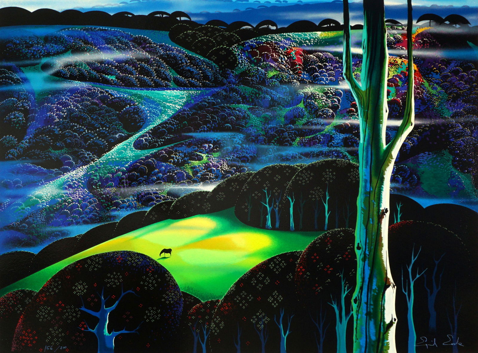 Eyvind Earle A Touch of Magic Serigraph 156/200: EARLE, Eyvind, (American 1916-2000): "A Touch of Magic", Serigraph/ Paper, signed lower right, numbered 156/200, Joan and Eyvind Earle edition, image size 22.75" x 30.5", overall 28.25" x 35.5".