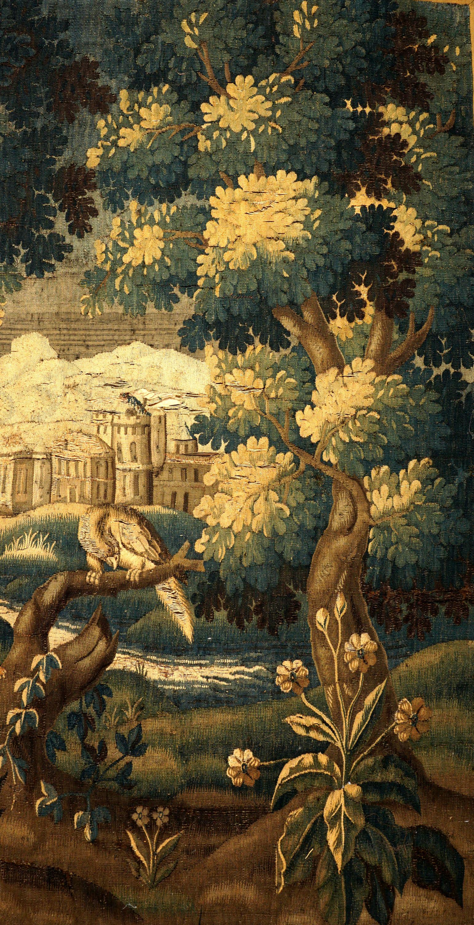 18th/19th Century Continental Landscape Tapestry: Late 18th to early 19th Century continental tapestry featuring trees and bird of prey in foreground, stream and castle in background. Silk dust cover, overall with hanging rod measures 80" x 44.5". Co