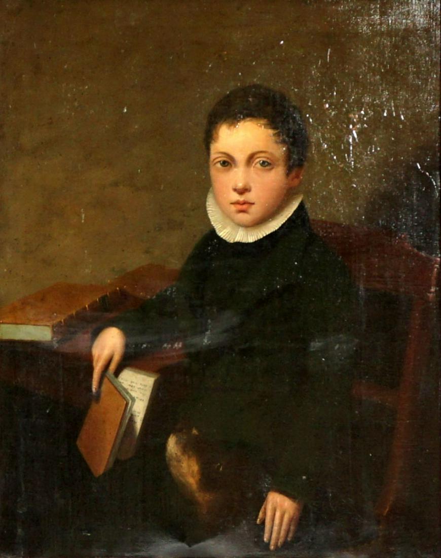 19th C Portrait of a Boy and Dog: Circa 1830's, portrait painting of a seated boy with books and dog at his lap, Oil/Canvas, no visible signature, 34" x 28", framed 45.75" x 38.75". Condition: Craquelure throughout, some paint flake a