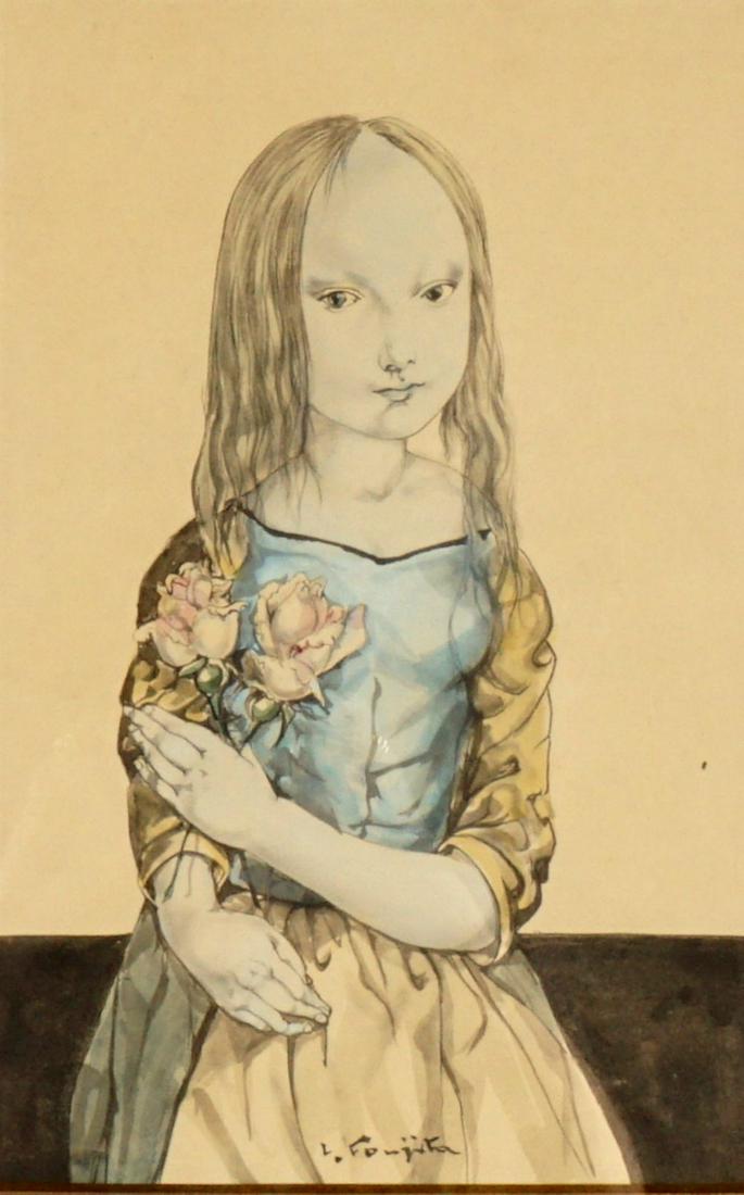 Leonard Foujita Young Girl with Roses Watercolor: FOUJITA, Leonard Tsuguharu, (1886-1986): "Jeune Fille a Roses", portrait of a young girl, watercolor and pen and ink over pencil on paper, signed lower center, Wally Findlay tag and label verso, remna